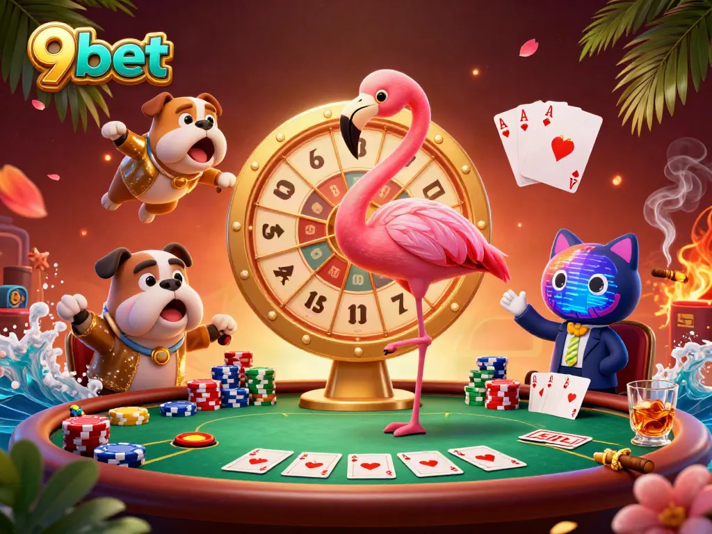 Engage in thrilling gameplay at 9bet with a lively prize wheel, poker chips, and an energetic casino atmosphere.