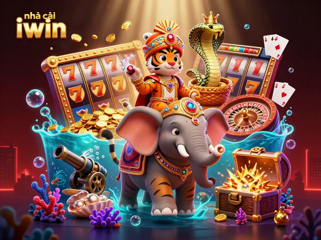 Engage with nhà cái iwin in this vibrant 3D casino scene filled with excitement and gaming elements.