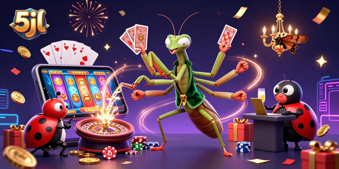 Experience thrilling casino action with 5jl, showcasing vibrant gameplay elements like cards, chips, and a smartphone.