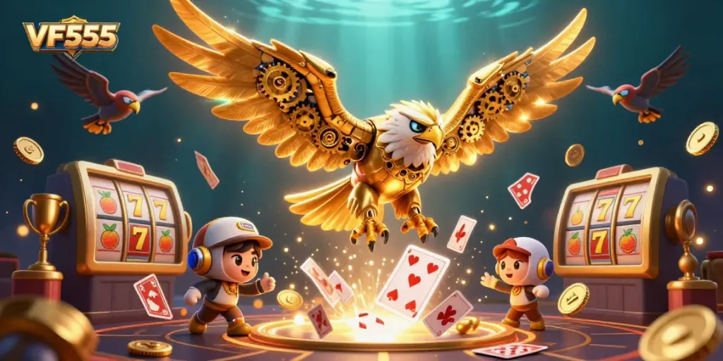 Experience thrilling gaming action with VF555 in a vibrant casino-themed illustration filled with dynamic elements.