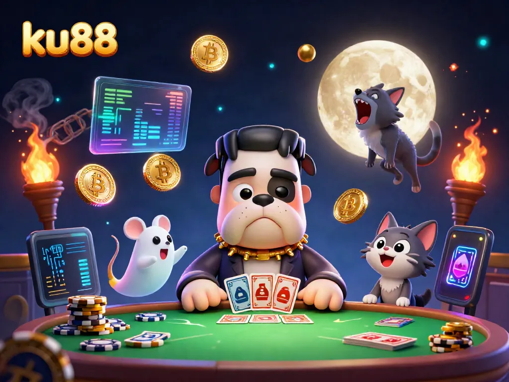 ku88 players winning at the casino table with a ghost mouse amidst Bitcoin and Ethereum coins