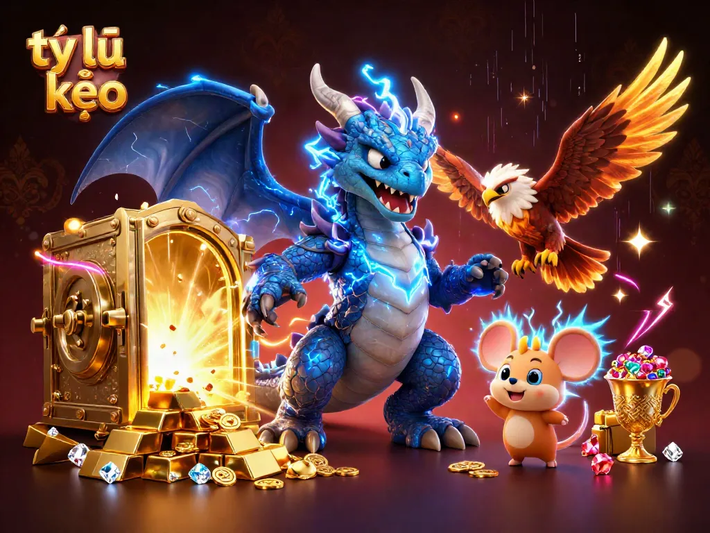 Engage with tỷ lệ kèo as a powerful thunder dragon and companions embodying sports betting excitement, surrounded by treasure and energy.