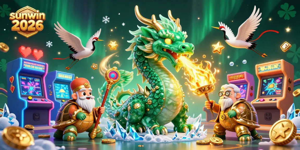 Experience sunwin 2026 with a vibrant 3D scene featuring luck-filled dragons and energetic games.