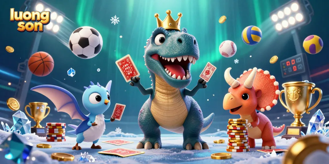 Experience thrilling sports action with luong son featuring a T-Rex shuffling cards in a vibrant casino scene.