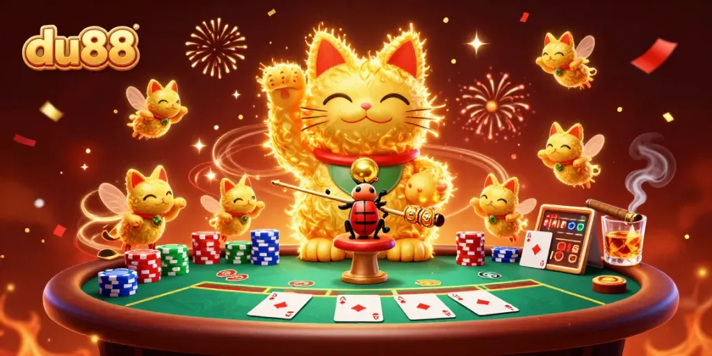 Experience thrilling gameplay at du88 with vibrant casino symbols and a colorful lucky cat illustration.
