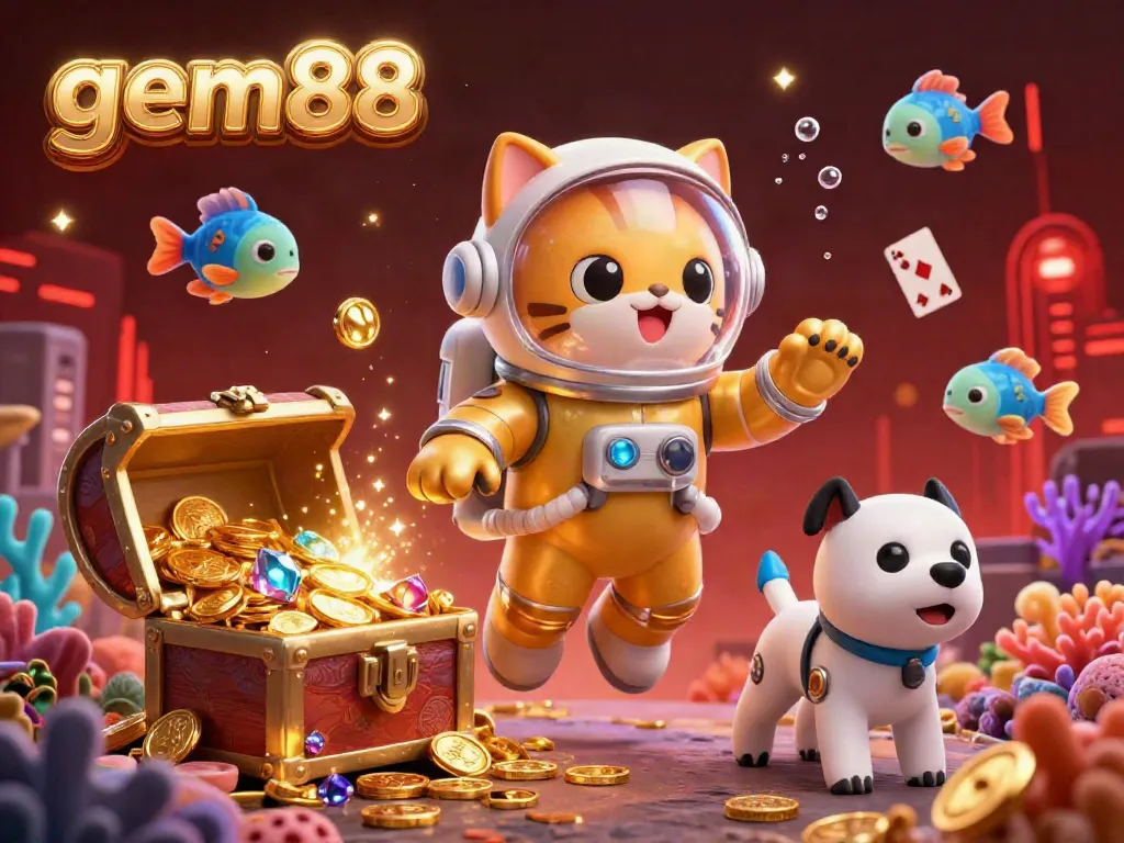 Engage in the exciting world of gem88 with 3D characters exploring a vibrant casino nebula.