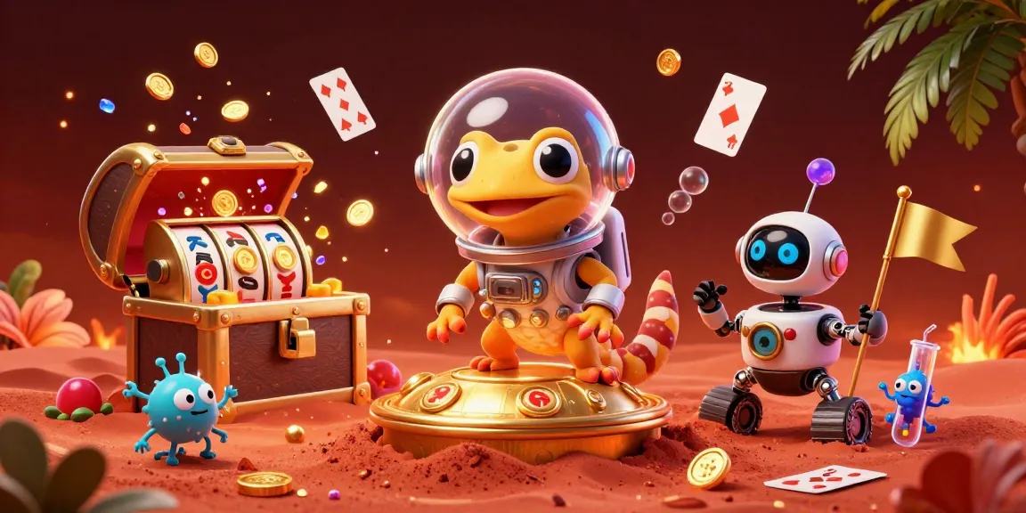 Explore the golden casino treasure with alo8's Martian gecko and its robotic companion in a vibrant 3D world.