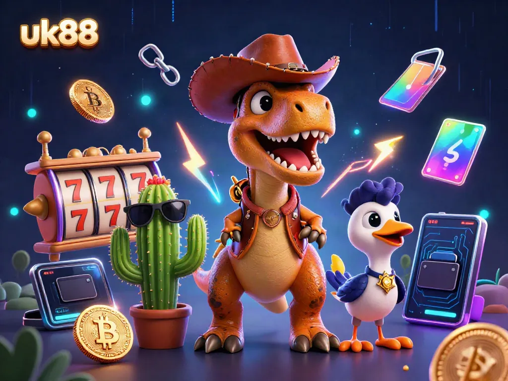 Experience thrilling jackpots with uk88 as a cowboy dinosaur and friends celebrate winning in a vibrant casino scene.