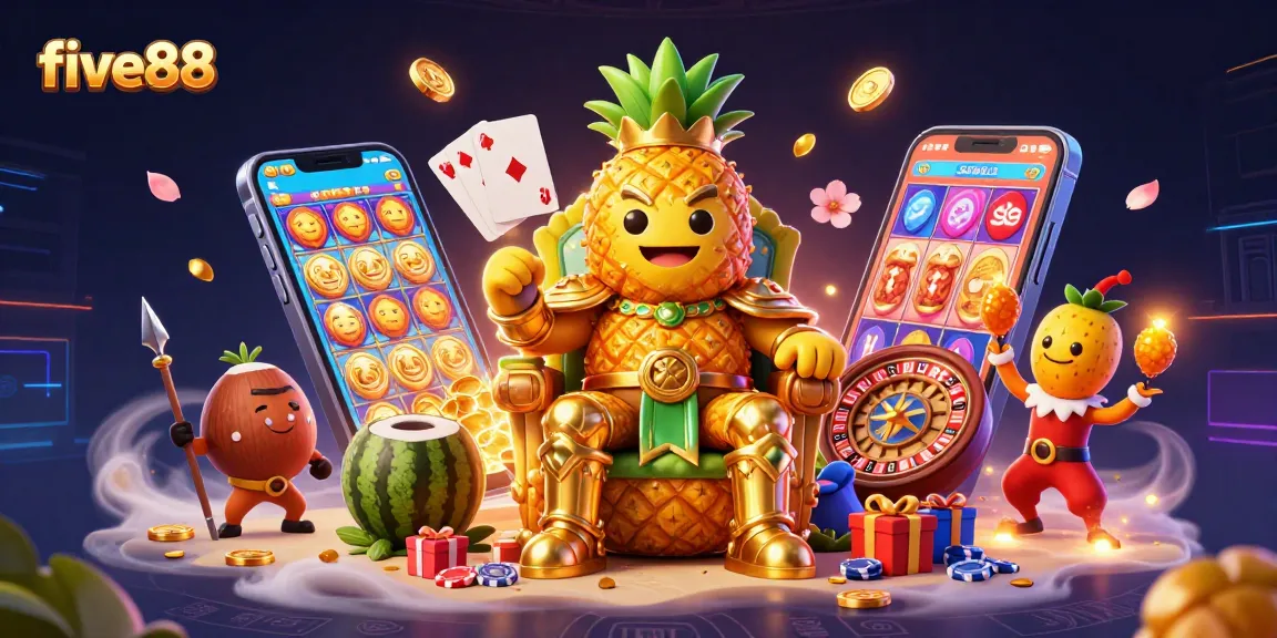 Experience five88's vibrant 3D casino artwork highlighting gaming elements and characters.