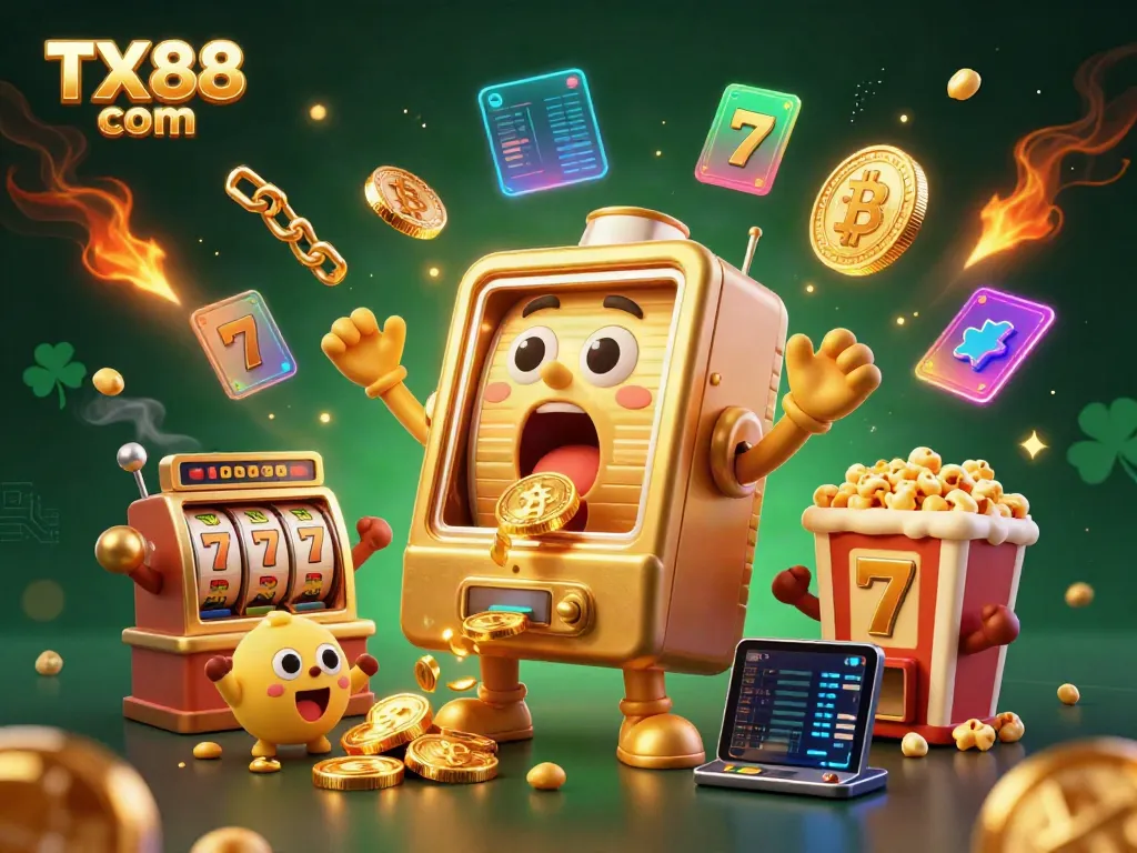 Experience thrilling casino excitement at TX88 com with vibrant slot machines and glowing crypto coins.