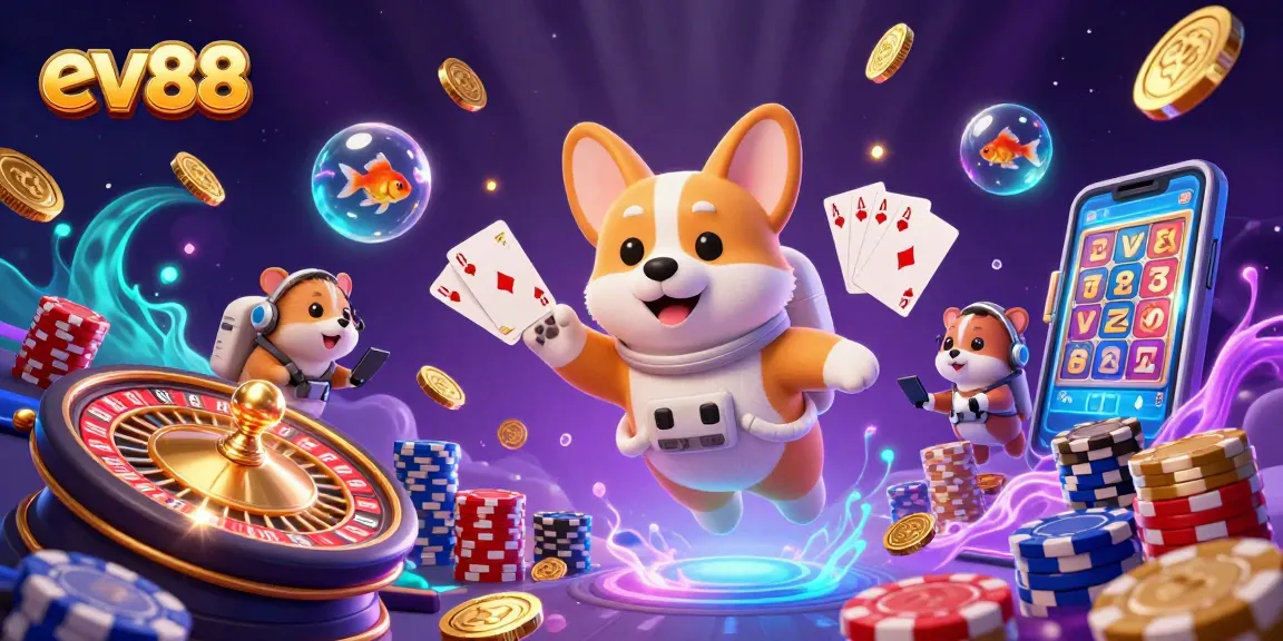 Experience winning excitement at ev88 casino with floating chips and vibrant 3D characters in a cosmic setting
