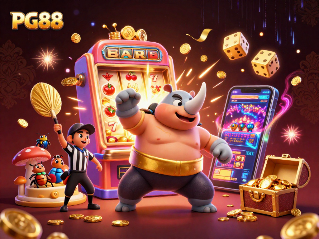 Experience exhilarating wins at PG88 with a cartoon beetle sumo champion kicking coins from a jackpot slot.