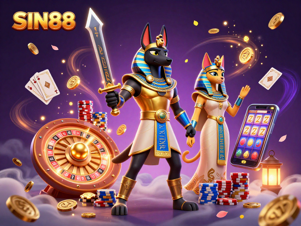SIN88 showcases Anubis and Bastet amidst dynamic casino elements embodying luck and excitement.
