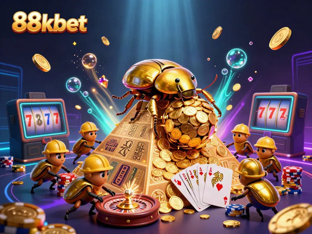 Immerse in 88kbet's dynamic casino scene featuring a golden beetle and casino symbols.