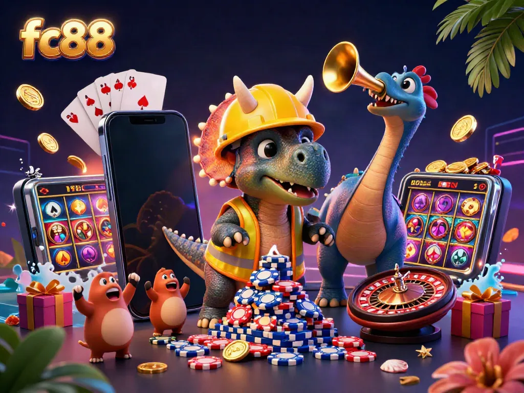 Experience the excitement of fc88 with a dynamic 3D illustration of a triceratops and casino elements.