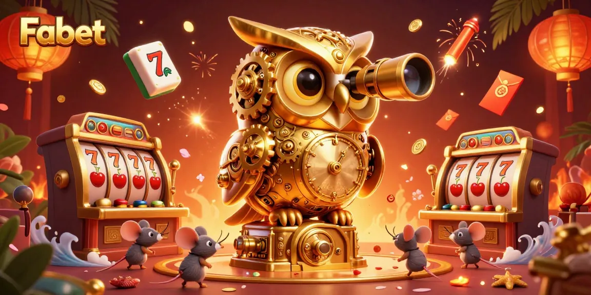 Spin the reels with Fabet in a stunning casino scene, featuring a golden owl and vibrant game elements.