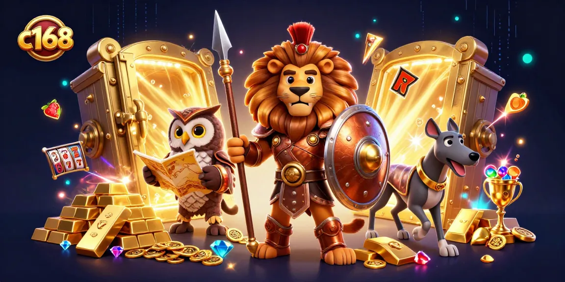Engage with c168's vibrant 3D casino scene showcasing a Spartan lion and slot symbols.
