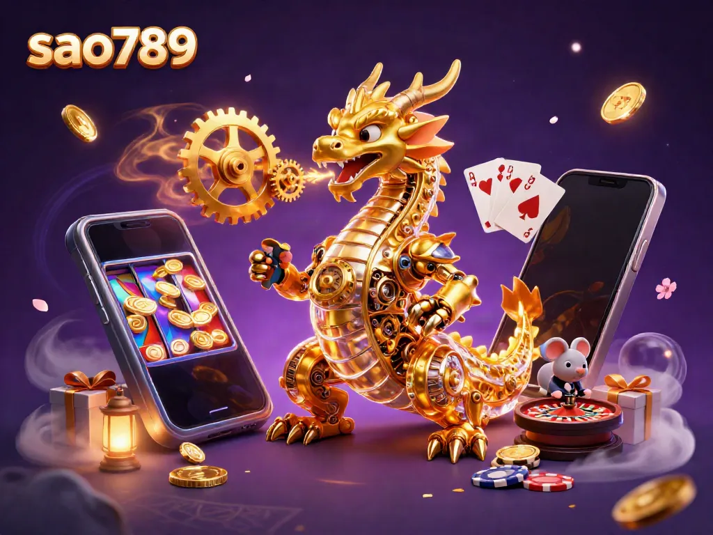 Experience exhilarating gameplay at sao789 with a dynamic dragon and engineer amidst vibrant casino elements.