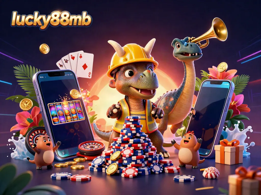 Experience thrilling gameplay with lucky88mb as a triceratops builds a poker chip pyramid amidst vibrant casino elements.