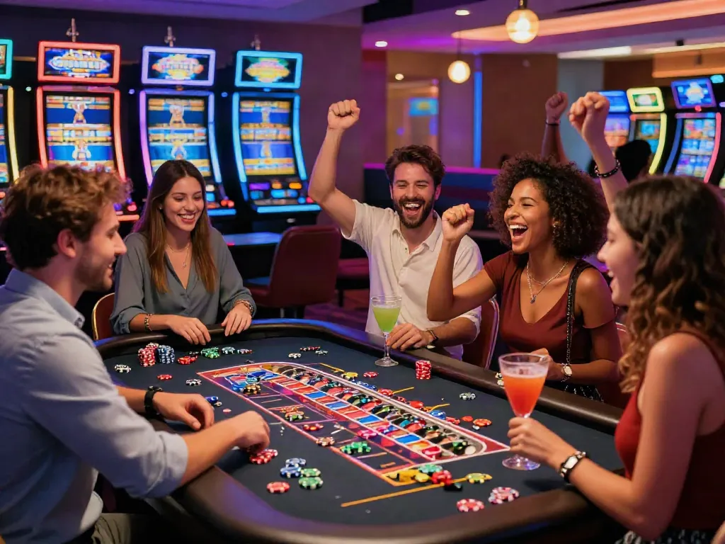 Group celebrating at FC88 roulette table in a vibrant casino.