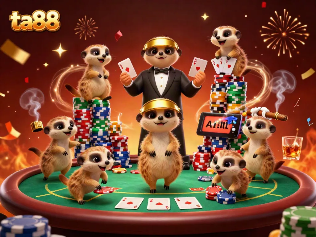 Exciting ta88 casino activity with meerkats as dealers, chips, and poker elements.