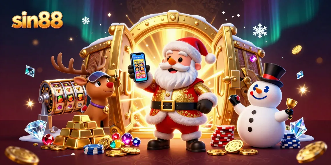 Experience sin88 with Santa and friends in a vibrant casino jackpot scene filled with treasures.
