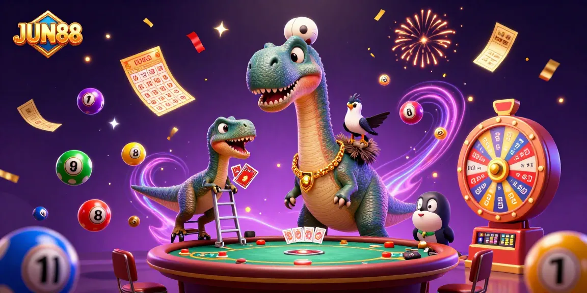 Experience the thrill of JUN88 with a playful 3D brontosaurus and dynamic bingo elements.