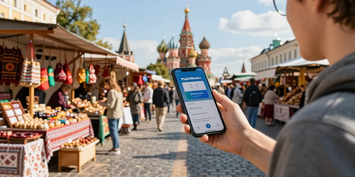 Rusya'da alışveriş yapan turistin, https://payinrussia.com/ uygulaması açık telefonuyla mutlu anı.