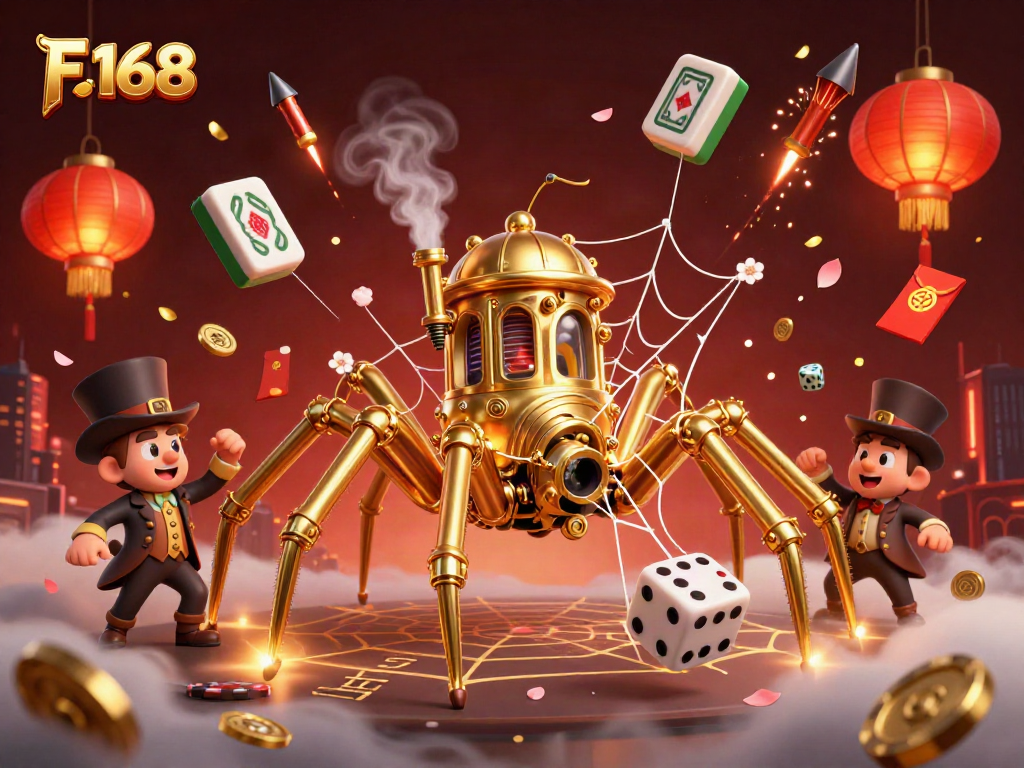 Engage in lively gameplay with F 168, featuring a whimsical steampunk spider in a triumphant gambling scene.