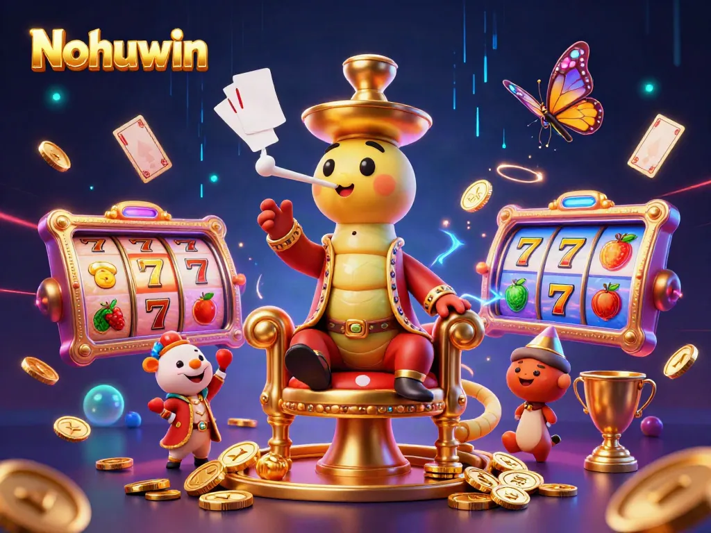 Nohuwin showcases a vibrant gaming scene with an enormous caterpillar hookah-master and slot reels, symbolizing the thrilling gaming experience.