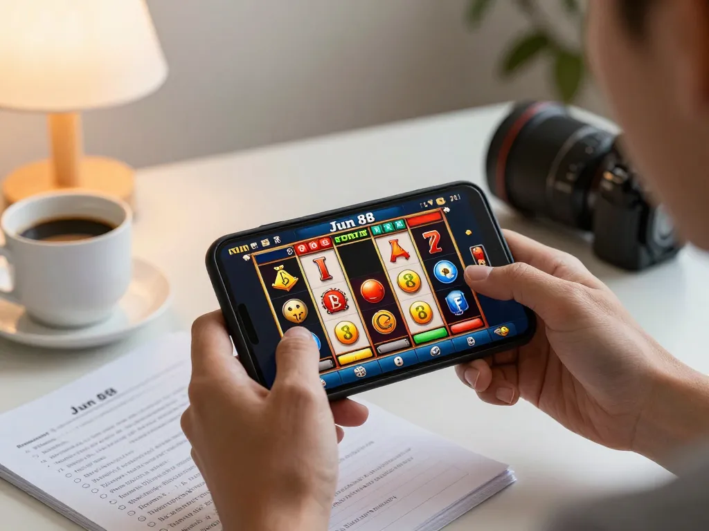 Engaging with the Jun 88 mobile casino app while enjoying a cozy home atmosphere