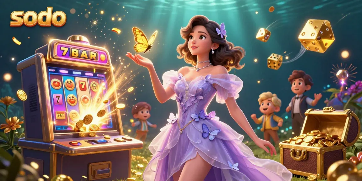 Sodo's vibrant casino scene showcases a stunning Asian woman engaging with golden butterflies amidst exciting gaming elements.