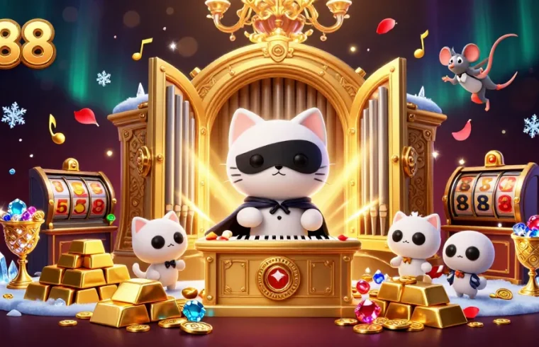 Spin the lu88 slots with a whimsical cat at the casino, surrounded by treasure!