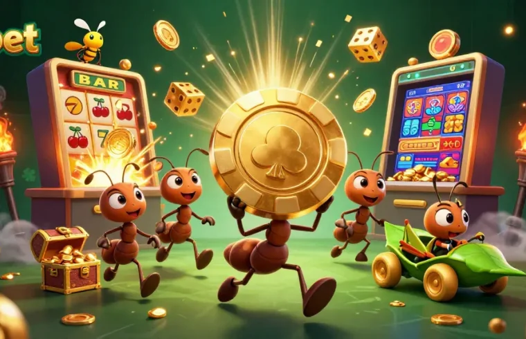 Experience thrilling casino action with 9bet as cartoon ants heist golden poker chips.