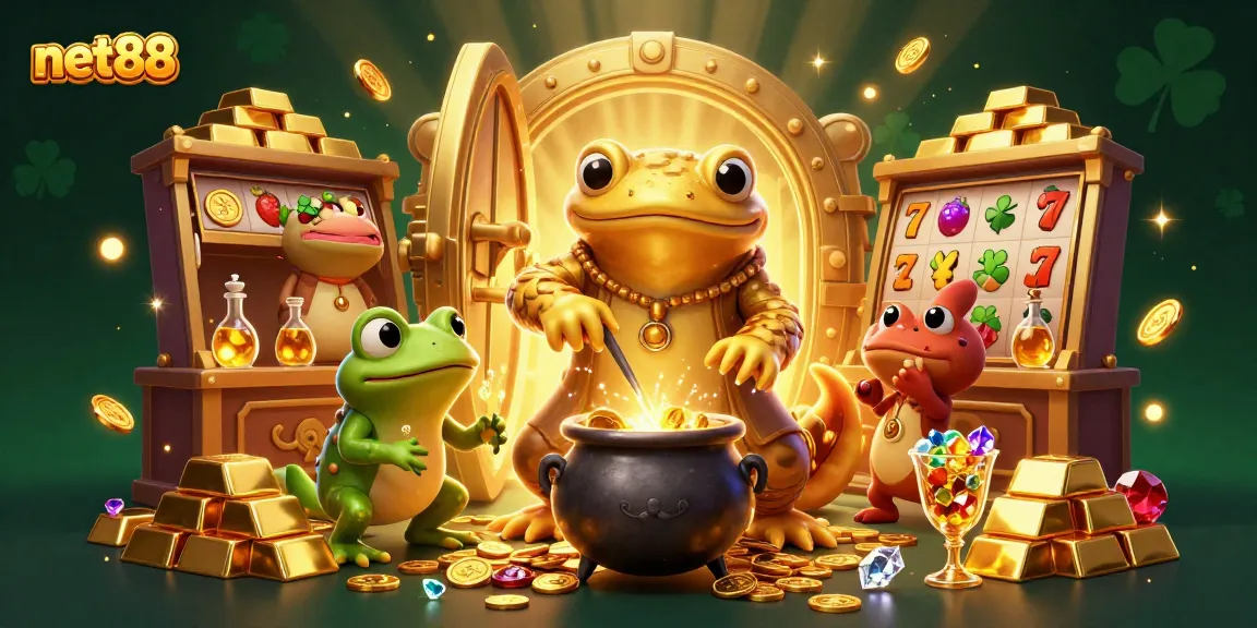 Experience the excitement at net88 with a vibrant casino scene showcasing gold mining and gaming elements.