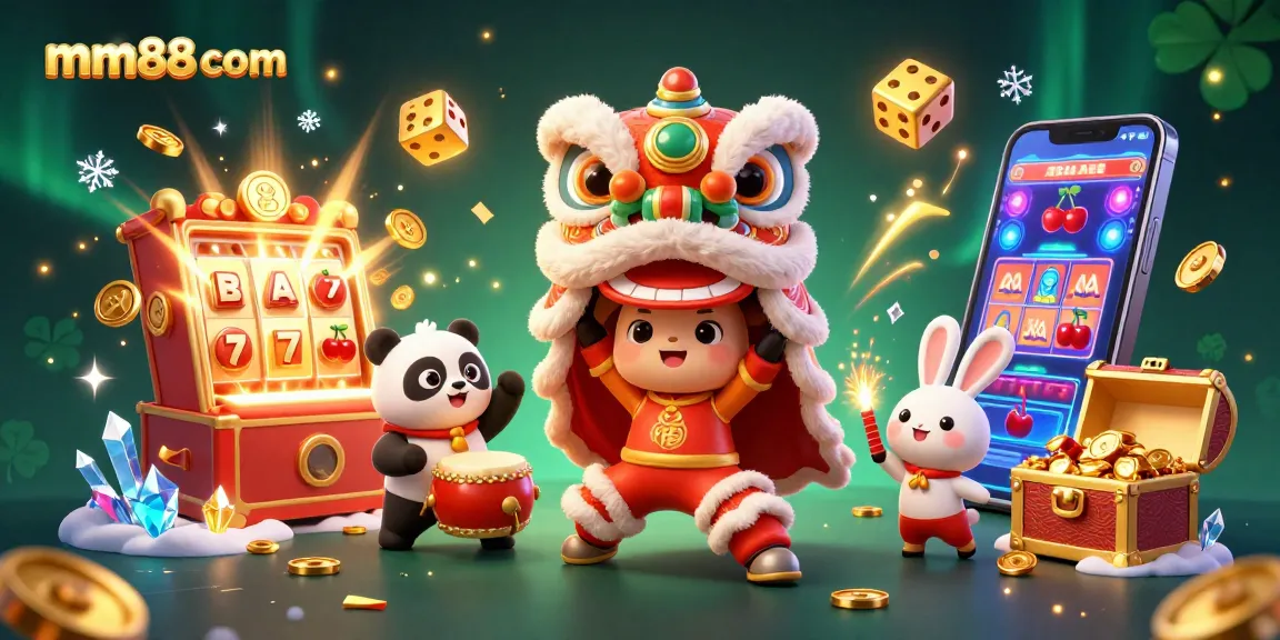 Spin the reels at mm88 com with festive lion dance characters amidst explosive casino elements.
