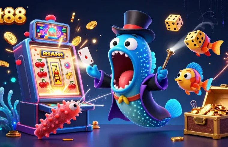 Experience magic at net88 with a deep-sea eel performing tricks amidst vibrant casino elements.