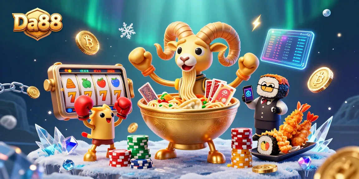 Experience Da88's vibrant casino scene with sushi dealers, golden ramen, and crypto elements.