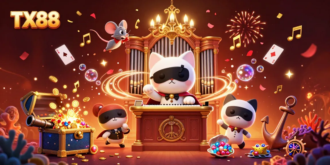 Engage with TX88's exciting casino adventure featuring a masked feline at the organ.