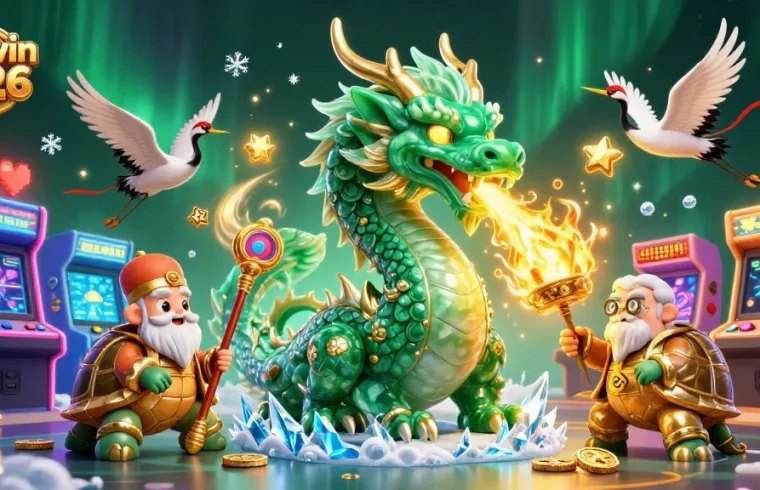 Experience sunwin 2026 with a vibrant 3D scene featuring luck-filled dragons and energetic games.