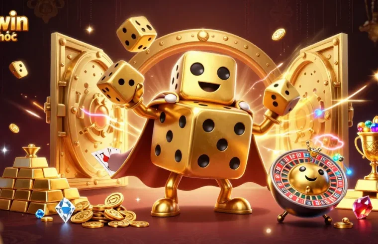 Experience the thrill of sunwin chính thức with a dazzling 3D illustration of golden dice and treasures.