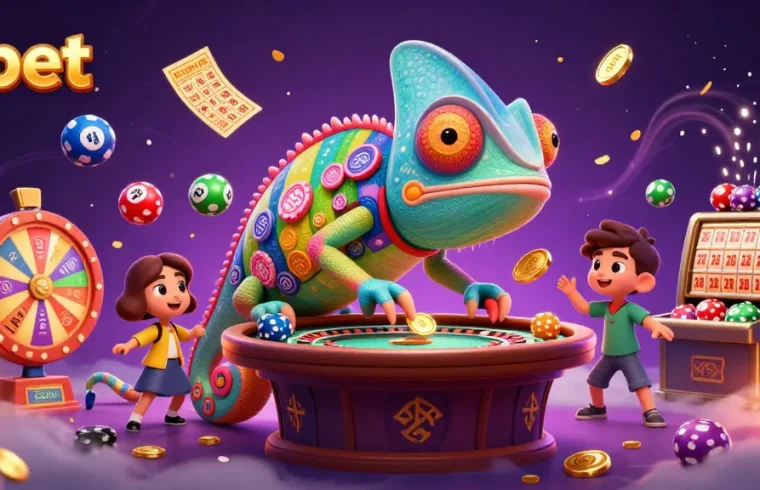 Play with exciting lottery elements at 11bet in a vibrant casino scene featuring a chameleon.