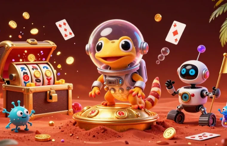 Explore the golden casino treasure with alo8's Martian gecko and its robotic companion in a vibrant 3D world.