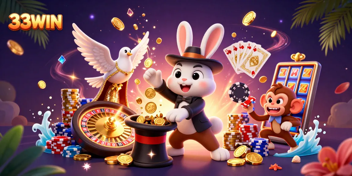 Experience thrilling games with 33WIN featuring a magician, dove, and mischievous monkey in a vibrant casino scene.