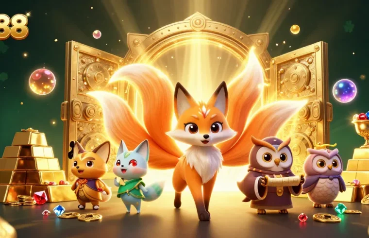 Experience the vibrant sv88 casino world with a glowing nine-tailed fox and treasures galore.