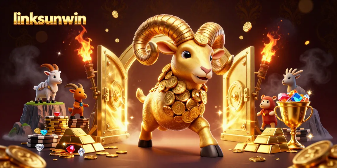 Join the thrilling action at linksunwin with a golden ram charging through a treasure-filled casino scene.