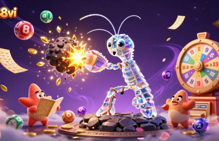 Sky88vi showcases a galactic samurai mantis shrimp battling an asteroid, winning gems and coins.
