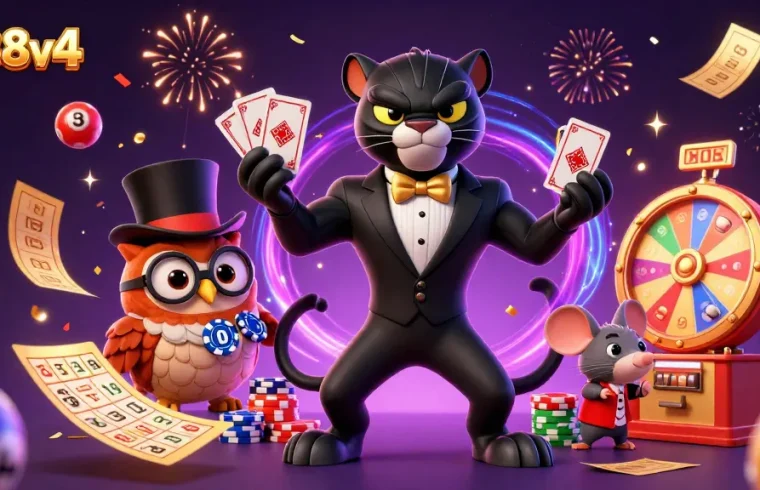 Engage with uk88v4's exciting lottery scene featuring a stylish panther and whimsical characters!