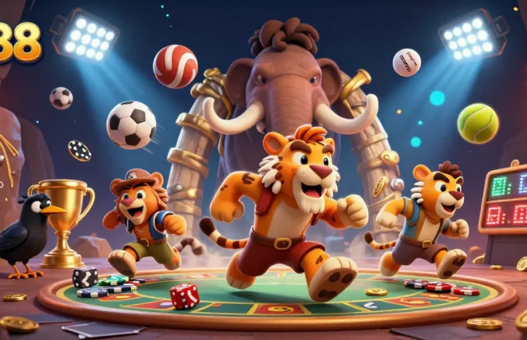 rr88 showcases a vibrant prehistoric casino scene with characters and dynamic sports elements.
