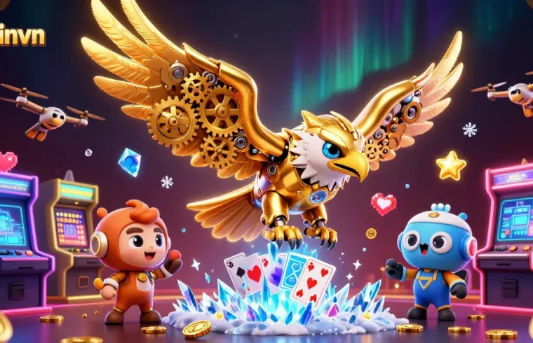 Experience thrilling gameplay at 33winvn with a dynamic 3D cybernetic eagle amid a vibrant casino scene.